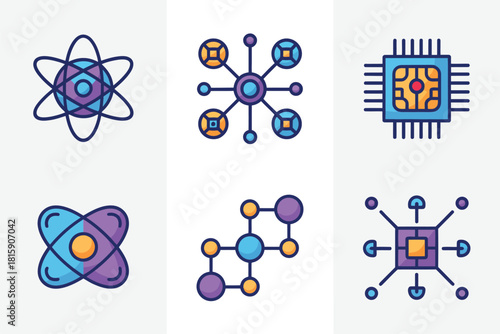 Science and technology icons, atomic model, molecular network nodes, cpu microchip, chemistry structure diagram, research laboratory theme, vector