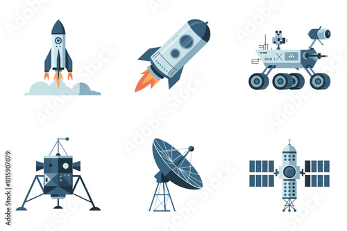 Rocket launch icons set, liftoff plume, angled rocket flight, space antenna, ground station array, launchpad platform, exploration vector