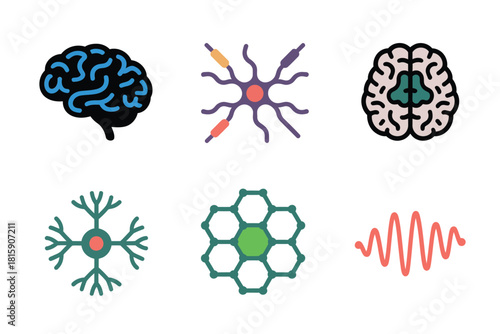 Brain and neural icons, cognitive science symbols, microglia style neurons, hex network motif, neural wave, medical vector