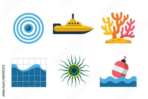 Underwater research icons, sonar rings, yellow submarine, coral habitat, wave chart panel, microbe bloom, floating buoy marker
