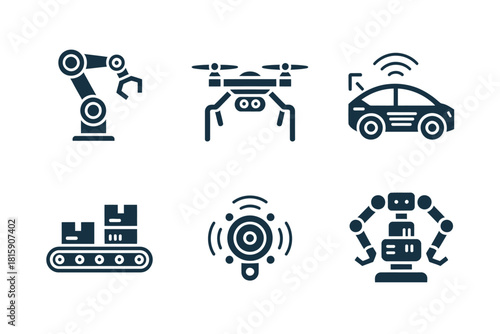 Industrial robotics symbols, production conveyor, service drone, self driving car, antenna signal, lidar scanner, cheerful bot mascot