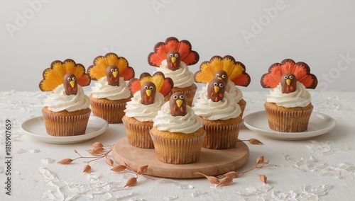 Thanksgiving-themed Cupcakes With Turkey Decorations on a Wooden Platter