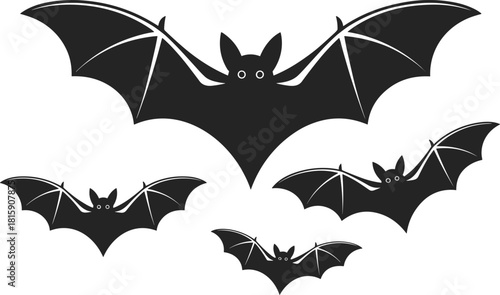 Black silhouette bats flying isolated on white background, Halloween bat illustration, spooky night creatures design,