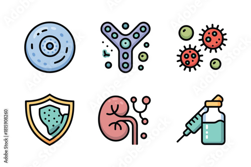Immunology research icons, cell structure, antibody shape, microbes, security shield, kidney organ, medical injection, clinical vector.