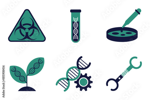 Biotechnology genetic engineering set, DNA helix, test tube, biohazard sign, plant leaf, medical research detailed vector.