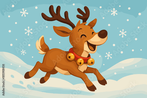 Playful Reindeer in Snow. Playful reindeer bounding through a snowy landscape with bells around its neck. The reindeer is depicted in a dynamic pose, exuding energy. Vector illustration