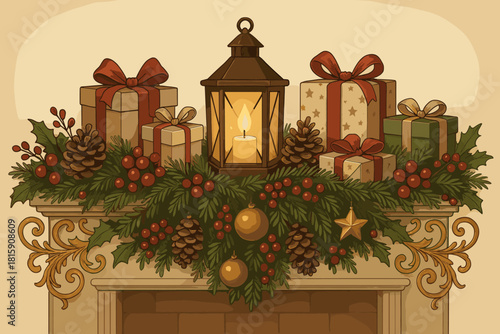 Festive Mantelpiece Design. Mantelpiece richly decorated with garlands and ornaments, featuring a collection of beautifully wrapped gifts and a glowing lantern. The. Vector illustration