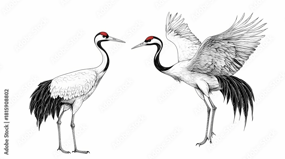 Fototapeta premium Two stately wading birds featuring black and white plumage and distinctive red cranial markings stand against a white background