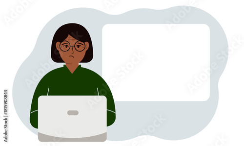 A woman works or on a laptop, there is a place for text nearby. The concept of freelancing or distance learning and work.