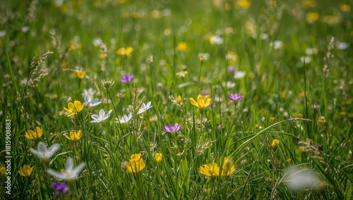Colorful Wildflower Meadow in Springtime With Vibrant Blooms and Green Grass