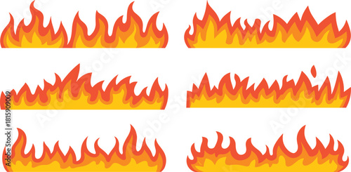 Collection of six cartoon fire flame borders, burning flame elements, bright orange yellow fire clipart, hot flame vector design illustration