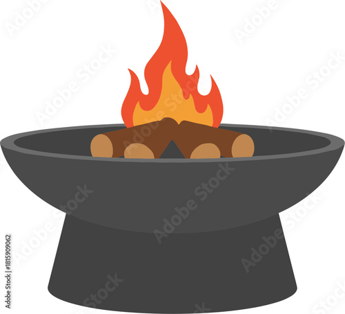 Modern outdoor fire pit with burning logs vector illustration.