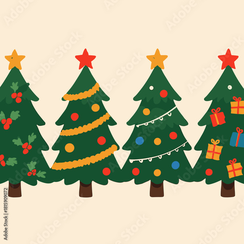 Festive Christmas Tree Collection. Collection of holiday-themed Christmas trees, each decorated with unique ornaments such as holly, tinsel, and small gifts. The. Vector illustration