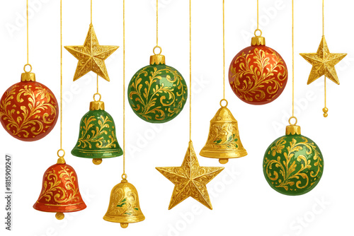 Elegant Christmas Ornaments. Arrangement of Christmas ornaments, including baubles, stars, and bells, each hanging from a delicate string. The design features. Vector illustration