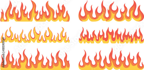 Collection of six cartoon fire flame borders, burning flame elements, bright orange yellow fire clipart, hot flame vector design illustration