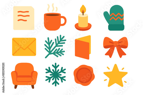Cozy Holiday Icons. Cozy Wishes flat icon set : handwritten note, steaming mug, candlelight, wool mitten, envelope, pine branch, folded card, ribbon bow, cozy chair, snowflake, wax