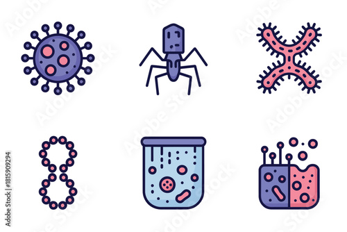 Laboratory research visuals, virus, bacteria, DNA helix, test tube, petri dish, biological experiment full color vector set.