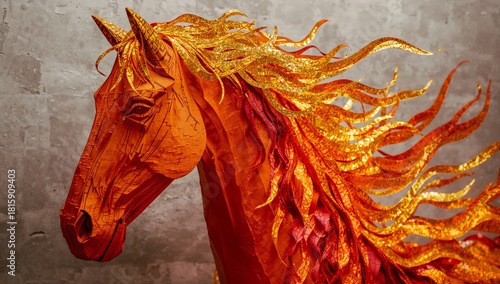 Majestic Paper Horse Sculpture With Fiery Mane on Display in Art Gallery