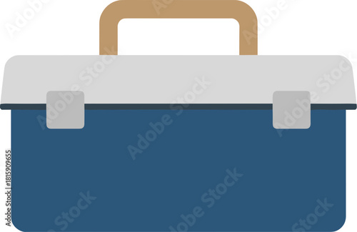 Blue toolbox with a grey lid and tan handle vector illustration.