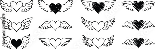 Collection of twelve black and white winged heart vector icons, romantic tattoo design symbols, love and freedom minimalist line art illustration