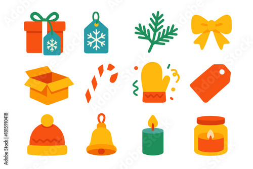 Festive Holiday Icons. Holiday Box flat icon set : festive ribbon, snowflake tag, pine sprig, golden bow, open box, candy cane, cozy mitten, confetti, gift label, wool hat, bell