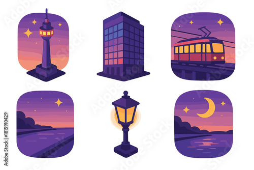 Modern Twilight Cityscape. Metropolitan Twilight Scenes flat icon set: tower lights, glass building, tram line, riverbank, lantern glow, stars