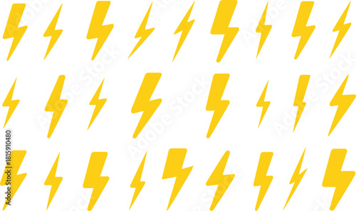 Collection of yellow lightning bolt icons in various styles, bold electric thunder shapes, modern flat energy design symbols illustration