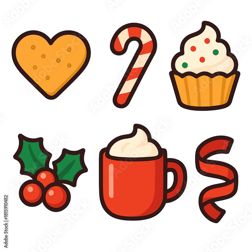 Festive Treats Icons. Holiday Nibbles flat icon set : cookie heart, candy cane, cupcake with frosting, cocoa cup, holly berry, ribbon curl