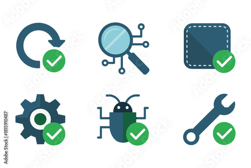 Problem solving icons, checkmark, bug fix, wrench, gear, magnifying glass, continuous improvement flat illustration vector.