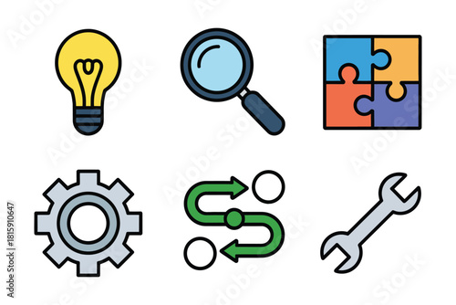 Productivity tools icons set, light bulb idea, magnifying glass search, puzzle pieces, gear, wrench, workflow, vector