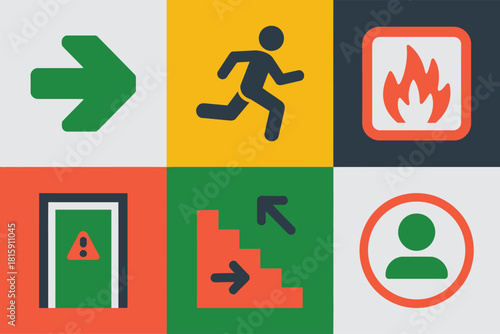 Evacuation guidance symbols set, exit arrow markers, sprinting figure, fire heat icon, hazardous door panel, assembly sign