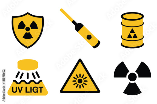 Radiation and uv hazard icons, radioactive symbol, pipette tester, warning triangle, glowing barrel, energy danger, safety vector