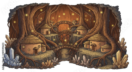 An illustrated underground miniature city built among giant tree roots, with clay houses, root bridges, and glowing firefly lights. Perfect for stickers, fantasy scenes, and storybooks.