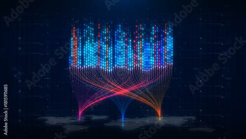 Colorful digital data streams flow across a global network with binary code, representing big data, AI, analytics, cloud processing, and futuristic technology systems. 3D rendering