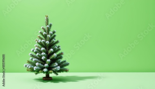 Realistic Christmas tree with snow against a vibrant green background, perfect for holiday themed decorations and seasonal celebration imagery