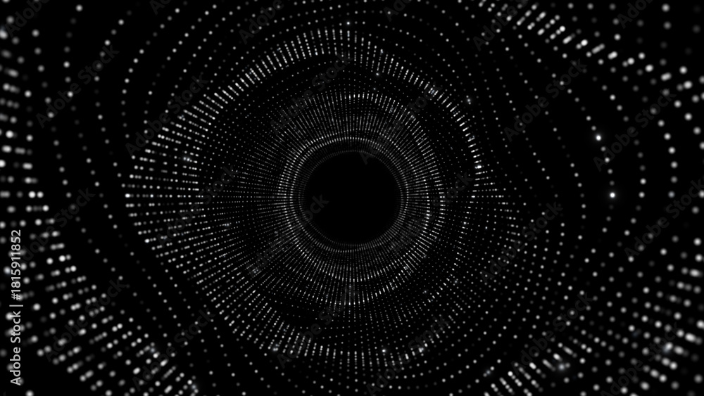 Fototapeta premium Abstract vortex tunnel made of glowing digital dots, symbolizing data flow, cyberspace movement, particle waves, futuristic technology, and modern digital visualization. 3D rendering