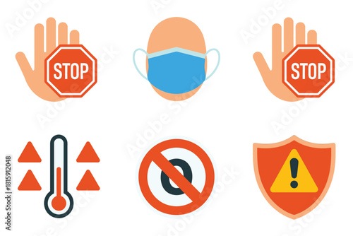 Public health safety icons, stop hand gesture, face mask, temperature check, prohibited sign, protective shield, caution symbols set