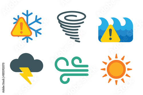 Weather risk symbol set, icy snowflake warning, whirlwind tornado, rain cloud, gusty wind, sunny day, climate alert
