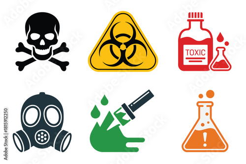 Industrial hazard icons, skull emblem, biohazard triangle, toxic chemical bottle, respirator mask, corrosive substance on hand, laboratory flasks