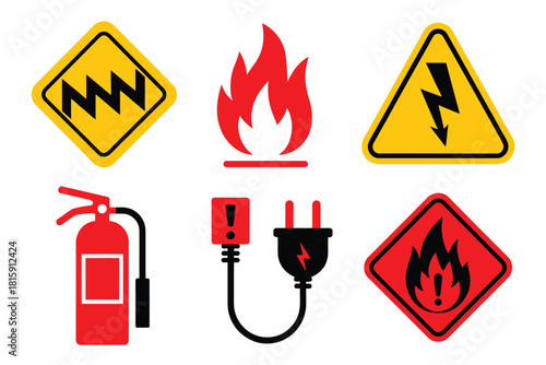 Hazard warning set, high voltage triangle, flame danger, power plug caution, fire extinguisher icon, diamond hazard, safety vector