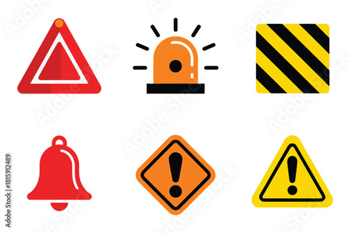 General warning icons set, triangular caution sign, emergency siren light, hazard stripes, bell, exclamation symbol, safety notification vector