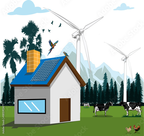  The house uses natural energy, wind turbines and solar panels, which are environmentally friendly with solar panels in the form of images.