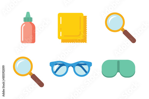 Vision accessories vector set, dropper bottle for lenses, soft cleaning cloth, magnifying glass, stylish eyeglasses, compact binoculars