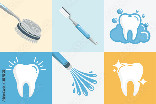 Dental cleaning icons grid, toothbrush head, periodontal scaler, water irrigator spray, glossy shining tooth, modern hygiene graphics