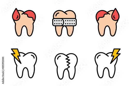 Tooth condition vector pack, decayed molar, orthodontic braces front view, healthy enamel, pain lightning symbol, clinical dentistry