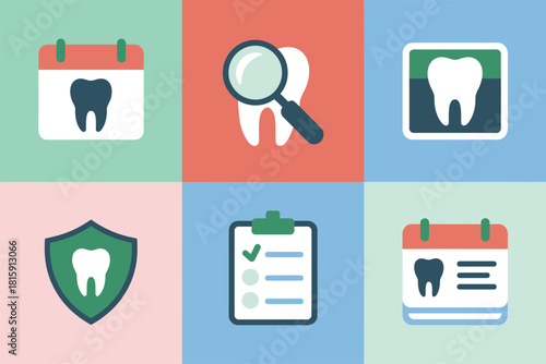 Pastel dental office tiles, appointment dates, magnifying search, tooth identity card, safety shield, medical clipboard, minimalist vector