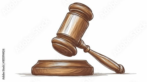 Wooden gavel suspended above sounding block in stylized sketch drawing