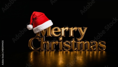 Merry Christmas Sign With a Red Santa Hat on a Black Background