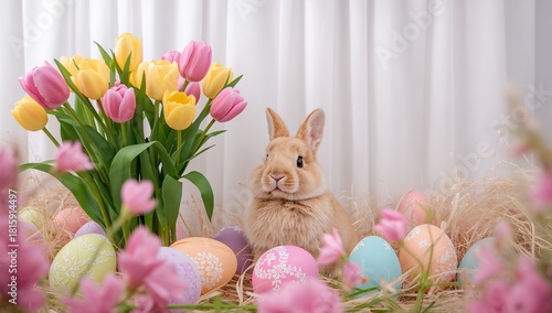 Bunny Surrounded by Colorful Easter Eggs and Fresh Tulips in a Bright, Cozy S...