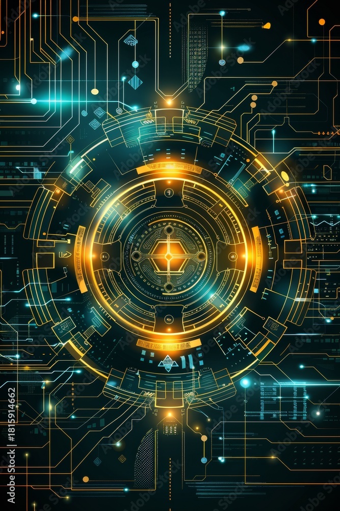 Obraz premium Futuristic Geometric Circuitry Design with Glowing Core and Intricate Digital Technology Interface